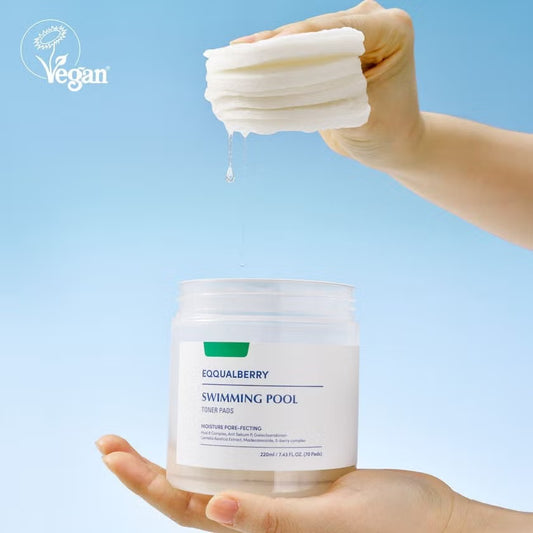 EQQUALBERRY Swimming Pool Toner Pads 220ml | 70 Pads | Gentle Exfoliating & Hydrating Toner Pads