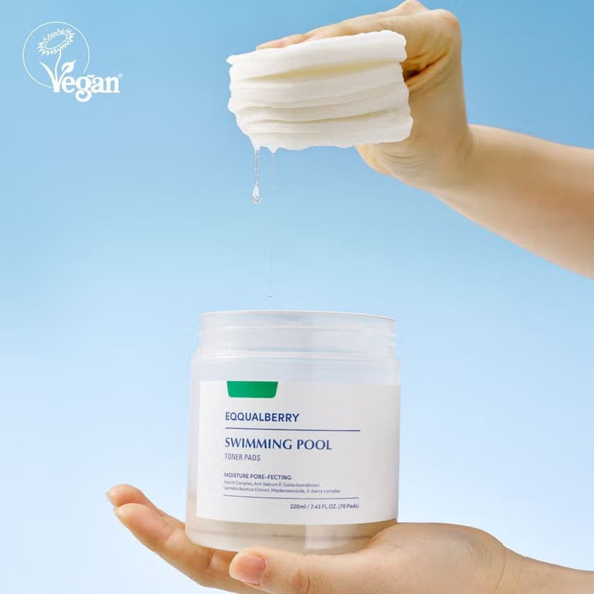 EQQUALBERRY Swimming Pool Toner Pads 220ml | 70 Pads | Gentle Exfoliating & Hydrating Toner Pads