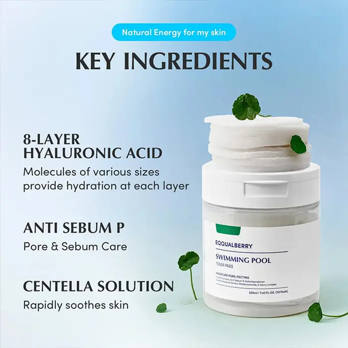EQQUALBERRY Swimming Pool Toner Pads 220ml | 70 Pads | Gentle Exfoliating & Hydrating Toner Pads